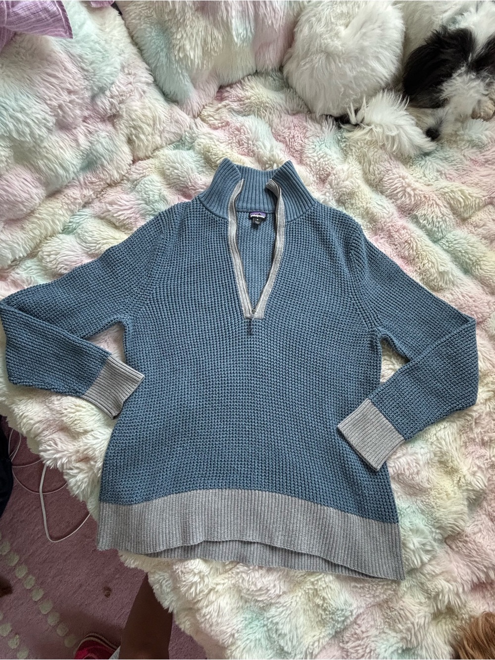 Patagonia Organic Cotton Waffle Knit Quarter Zip Sweater Slate Blue M